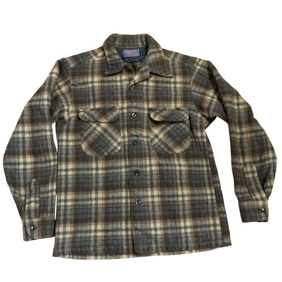 Vtg Pendleton Board Shirt M Virgin Wool Plaid Loop Collar Long Sleeve Shacket - Picture 1 of 5